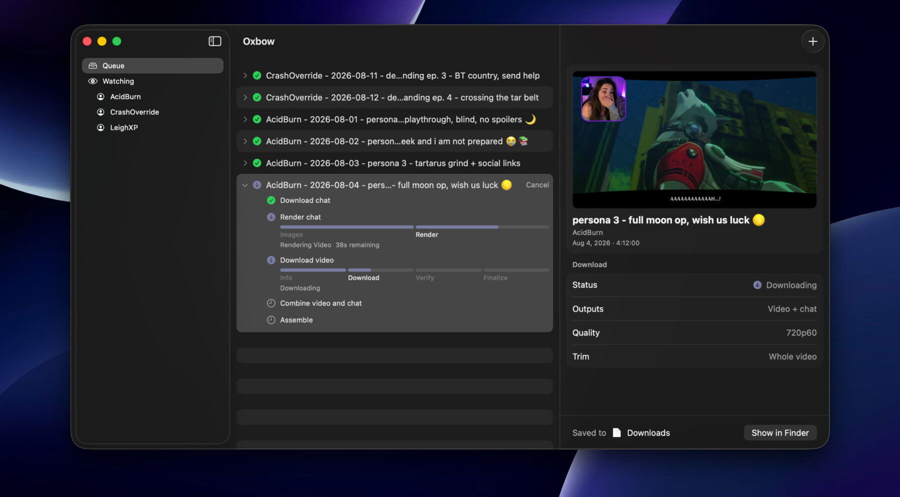 Oxbow on macOS: watched channels listed in the sidebar, a queue of Twitch VODs with one job mid-download showing its steps, and an inspector describing the selected download.